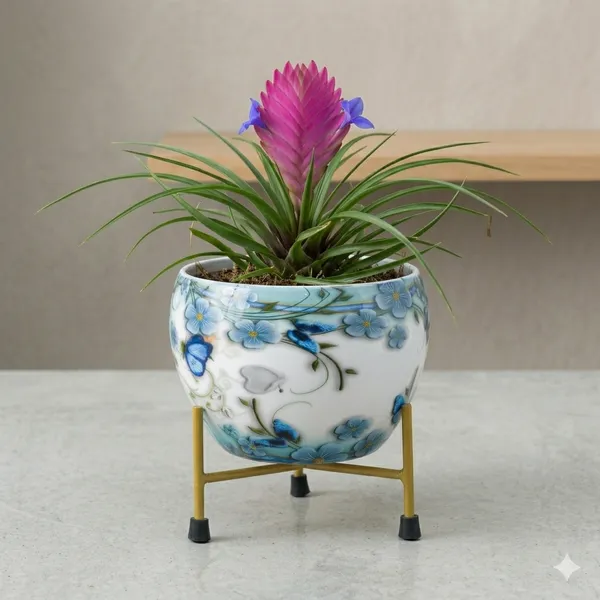 6_Inch_Hand-Painted_Metal_Pot_with_Stand_|_Decorative_Tabletop_Planter_|_for_Home_&_Office
