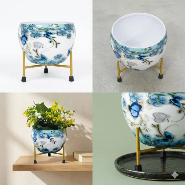 6_Inch_Hand-Painted_Metal_Pot_with_Stand_|_Decorative_Tabletop_Planter_|_for_Home_&_Office