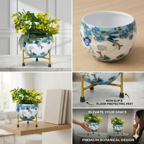6_Inch_Hand-Painted_Metal_Pot_with_Stand_|_Decorative_Tabletop_Planter_|_for_Home_&_Office