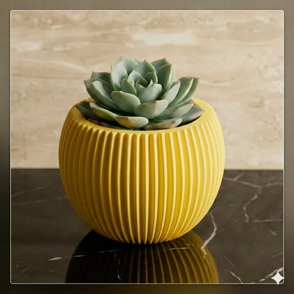 Modern_yellow_Textured_Melon_Planter__Durable_Plastic_Pot_for_Balcony_&_Living_Room