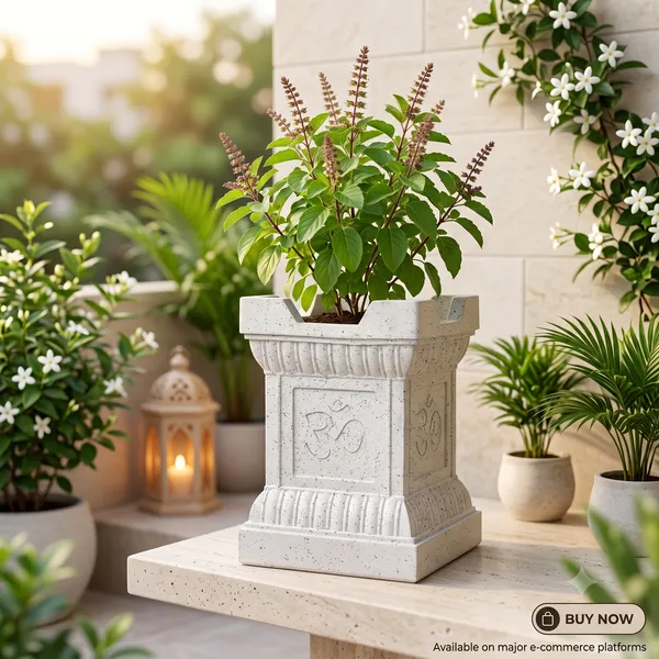 Plastic_Tulsi_Pot_/_Planter_?_15_Inch_(White_Marble_Finish)_|_10-Year_Guarantee