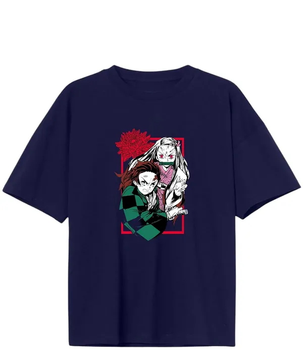 Navy_Blue_Pure_Cotton_Anime_Nezuko_Kamado_Printed_T-Shirt_For_Men_&_Women