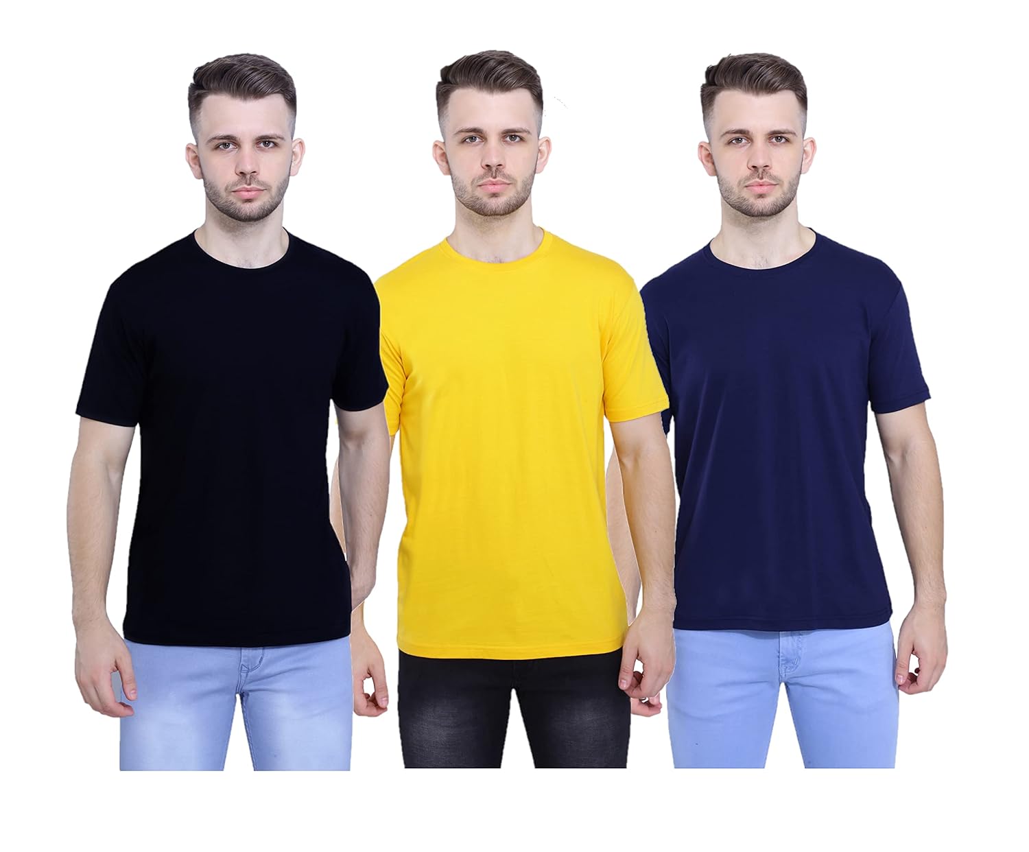 Black,_Mustard,_Navy_Blue_Pure_Cotton_Style_Savvy_Plain_Unisex_T-Shirt_(Pack_Of_3)