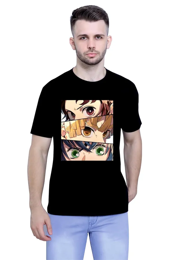 Black_Pure_Cotton_Anime_Regular_Fit_Demon_Slayer_Three_Character_Unisex_Round_Neck_T-Shirt
