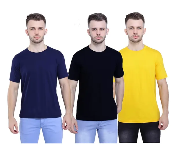 Navy_Blue,_Black,_Mustard_Ultra_Soft_Pure_Cotton_Style_Savvy_Plain_T-Shirt_For_Unisex_(Pack_Of_3)