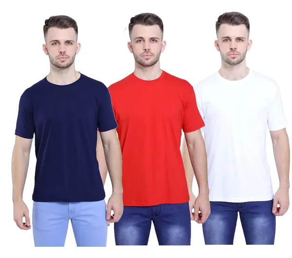 Navy_Blue,_Red,_White_Ultra_Soft_Pure_Cotton_Style_Savvy_Plain_T-Shirt_For_Unisex_(Pack_Of_3)