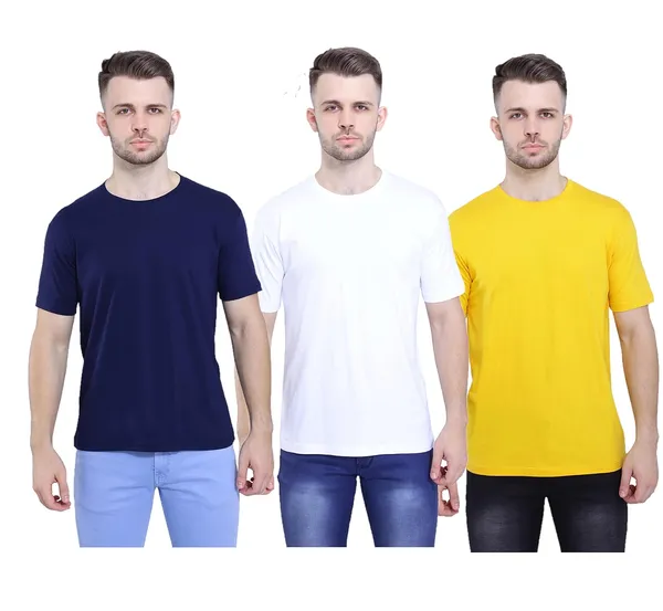 Navy_Blue,_White,_Mustard_Ultra_Soft_Pure_Cotton_Style_Savvy_Plain_T-Shirt_For_Men_&_Women_(Pack_Of_3)