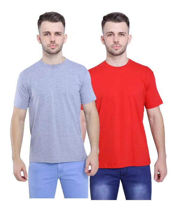 Grey_Melange,_Red_Pure_Cotton_Ultra_Soft_Stylish_Plain_T-Shirt_For_Men_Women_(Pack_Of_2)