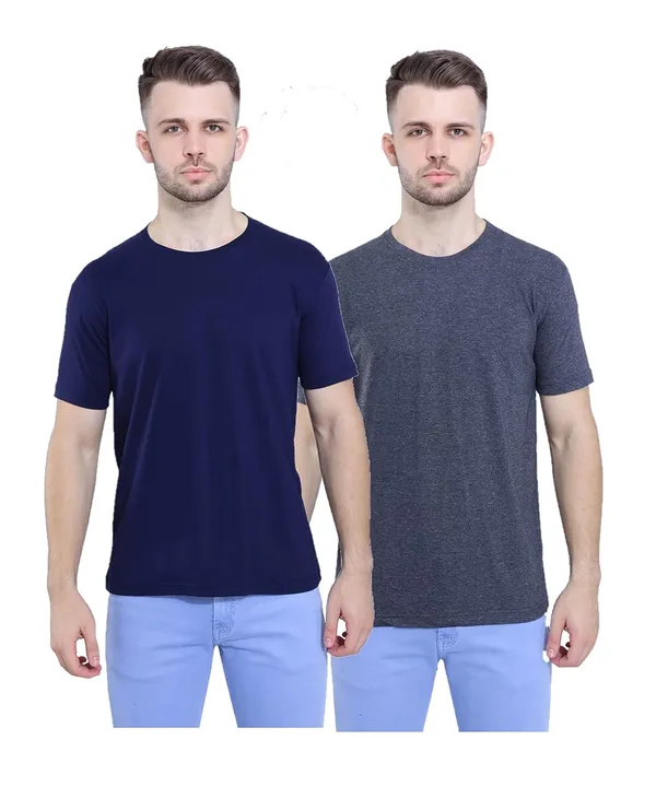 Navy_Blue,_Anthracite_Melange_Pure_Cotton_Stylish_Plain_T-Shirt_For_Men_&_Women_(Pack_Of_2)