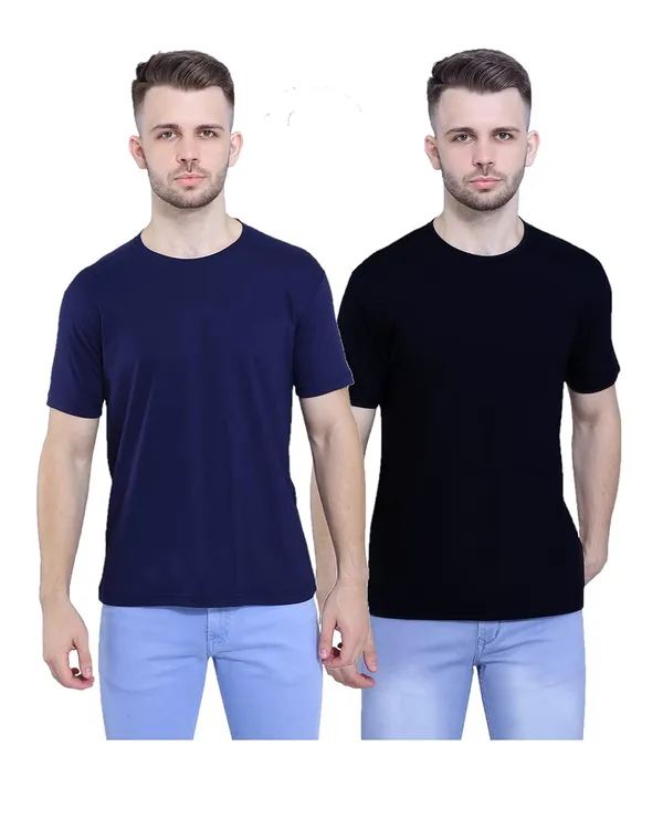 Navy_Blue,_Black_Pure_Cotton_Stylish_Plain_T-Shirt_For_Men_&_Women_(Pack_Of_2)