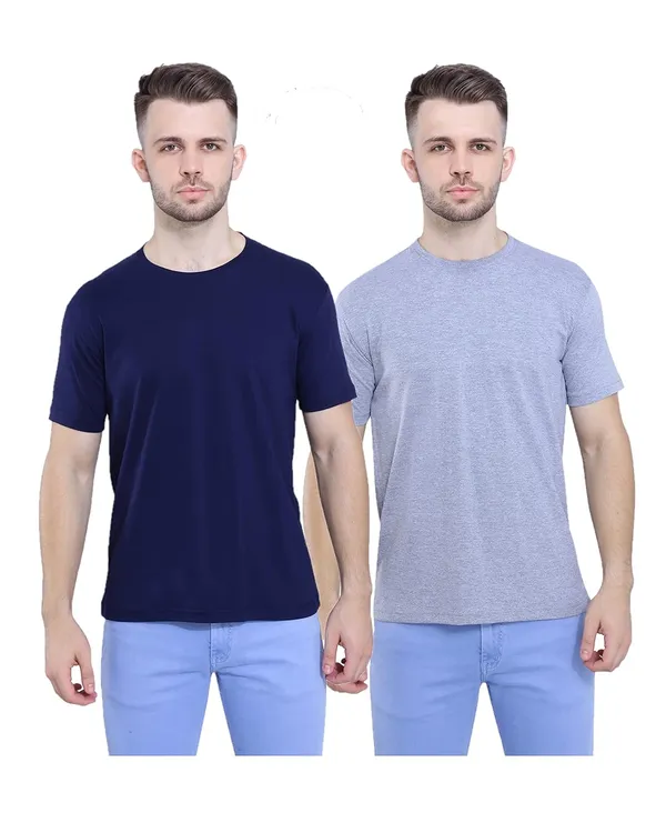 Navy_Blue,_Grey_Melange_Pure_Cotton_Stylish_Plain_T-Shirt_For_Men_&_Women_(Pack_Of_2)