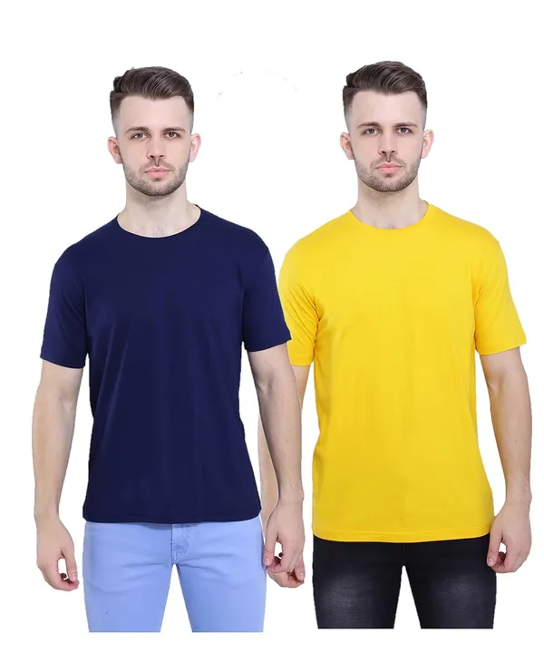 Navy_Blue,_Mustard_Pure_Cotton_Stylish_Plain_T-Shirt_For_Men_&_Women_(Pack_Of_2)