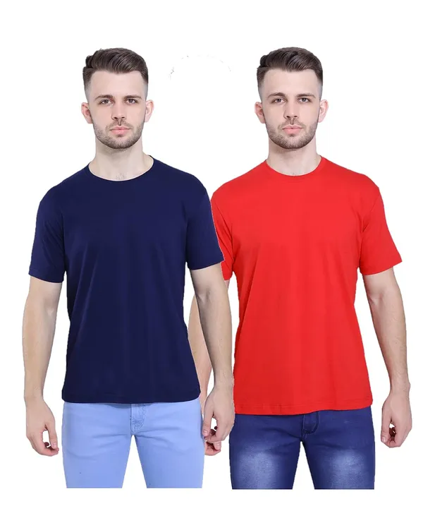Navy_Blue,_Red_Pure_Cotton_Stylish_Plain_T-Shirt_For_Men_&_Women_(Pack_Of_2)