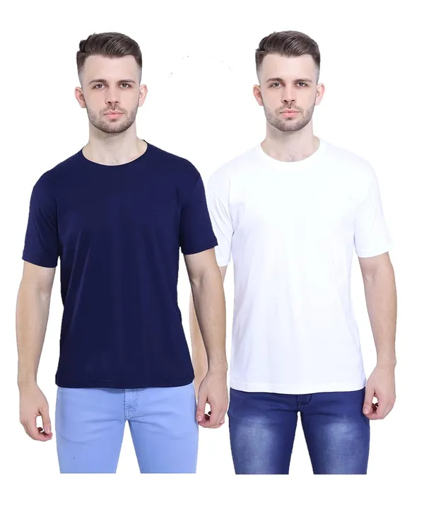 Navy_Blue,_White_Pure_Cotton_Stylish_Plain_T-Shirt_For_Men_&_Women_(Pack_Of_2)