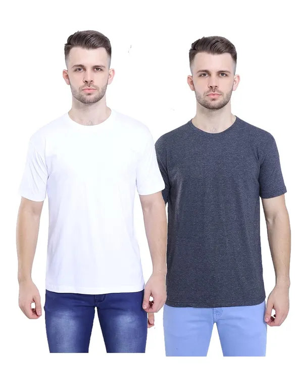 White,_Anthracite_Melange_Regular_Fit_Pure_Cotton_Stylish_Plain_T-Shirt_For_Men_Women_(Pack_Of_2)