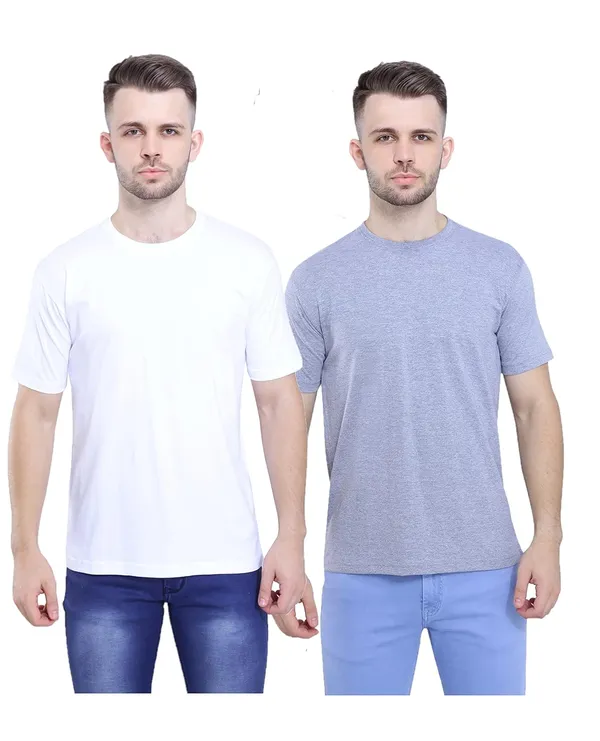White,_Grey_Melange_Regular_Fit_Pure_Cotton_Stylish_Plain_T-Shirt_For_Men_Women_(Pack_Of_2)