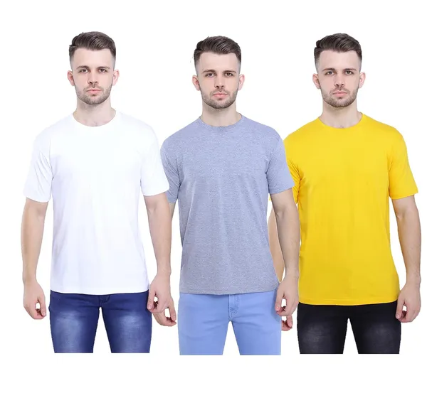 White,_Grey,_Mustard_Ultra_Soft_Pure_Cotton_Plain_T-Shirt_For_Men_&_Women_(Pack_Of_3)
