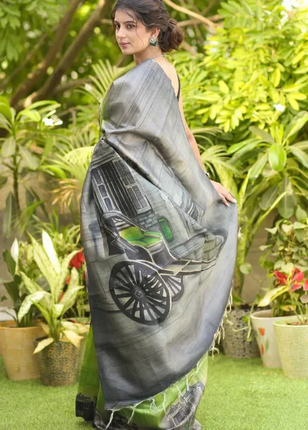 Grey_And_Green_Design_Linen_Saree_With_Blouse_Piece