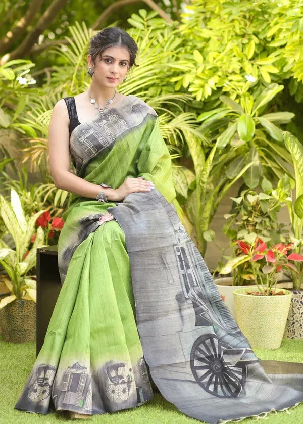 Grey_And_Green_Design_Linen_Saree_With_Blouse_Piece