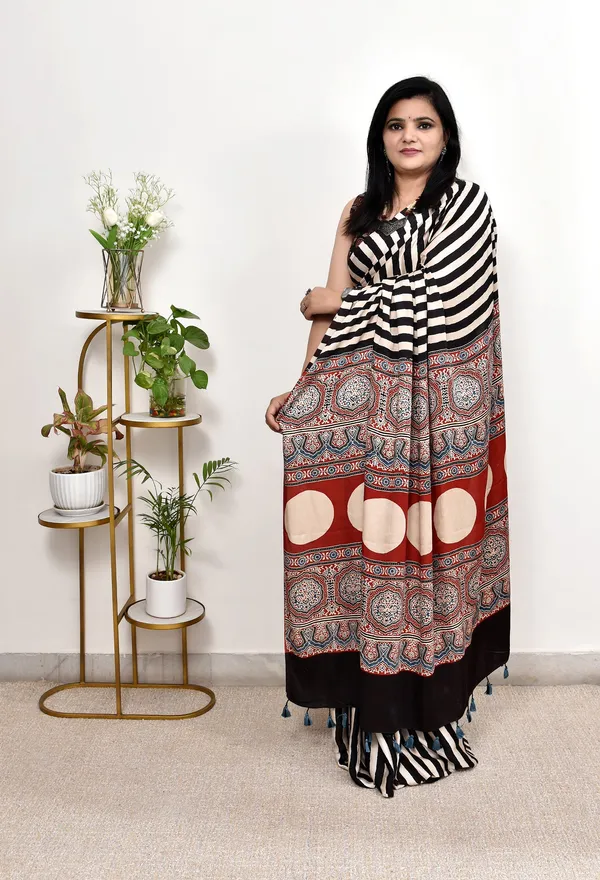 Pure_Modal_Silk_ajrkh_hendblok__Saree_With_Unstitched_Blouse_Piece