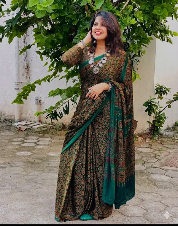 Attractive_Dark_Green_Ajrakh_Printed_Modal_Silk_Saree_With_Blouse_Piece
