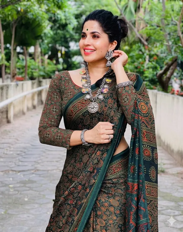 Attractive_Dark_Green_Ajrakh_Printed_Modal_Silk_Saree_With_Blouse_Piece
