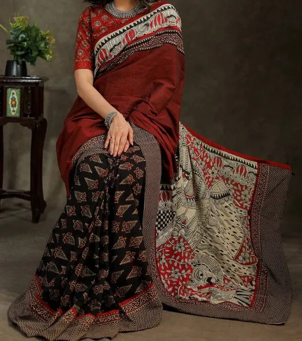 Maroon_Attractive_Kalamkari_Linen_Saree_With_Blouse_Piece