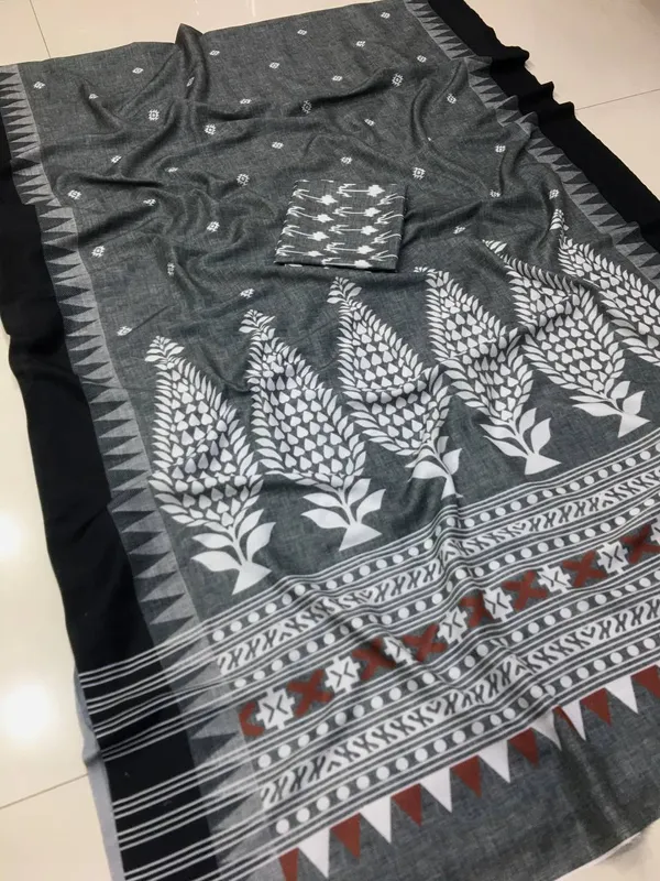 Dark_Grey_Linen_Saree_With_Unstitched_Blouse_Piece
