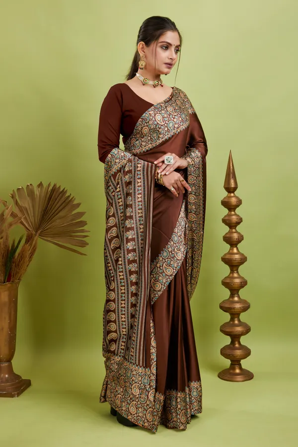 New_Attractive_Semi_Gajji_Ajarkh_Rust_Pallu_Silk_Saree_With_Blouse