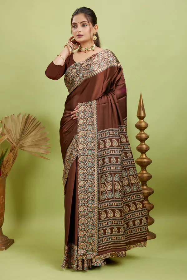 New_Attractive_Semi_Gajji_Ajarkh_Rust_Pallu_Silk_Saree_With_Blouse