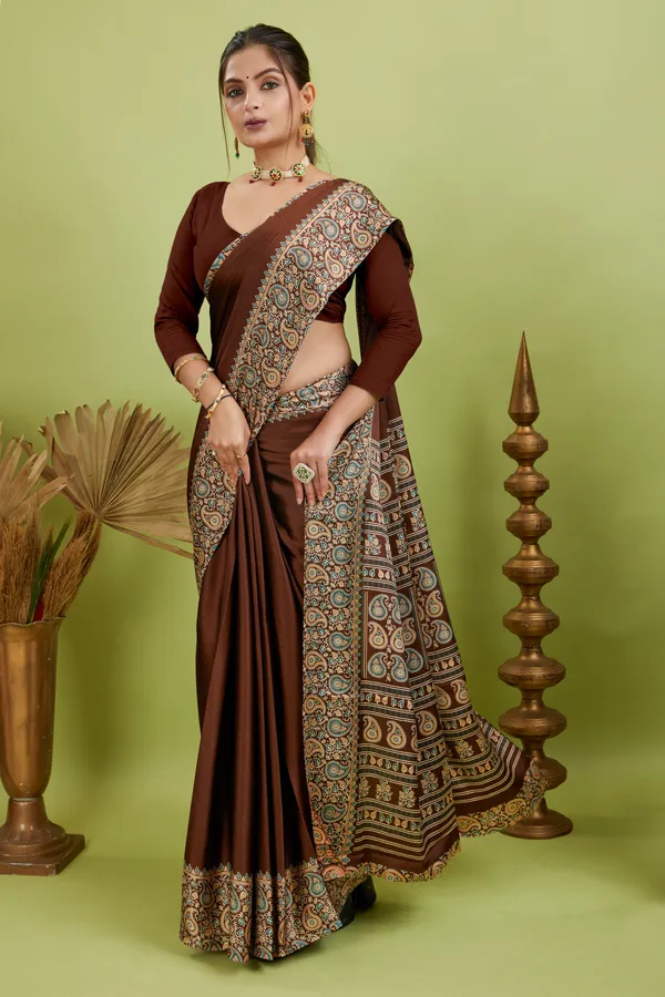 New_Attractive_Semi_Gajji_Ajarkh_Rust_Pallu_Silk_Saree_With_Blouse
