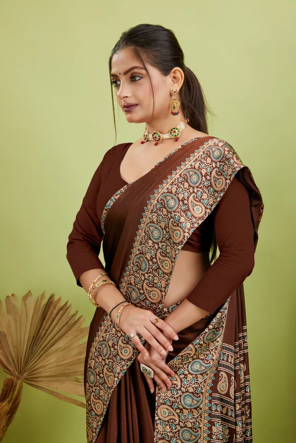 New_Attractive_Semi_Gajji_Ajarkh_Rust_Pallu_Silk_Saree_With_Blouse