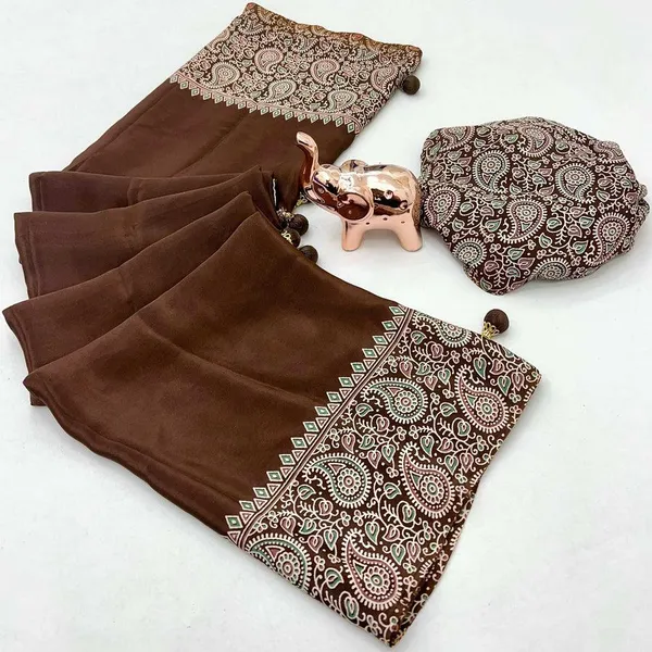 New_Attractive_Semi_Gajji_Ajarkh_Rust_Pallu_Silk_Saree_With_Blouse