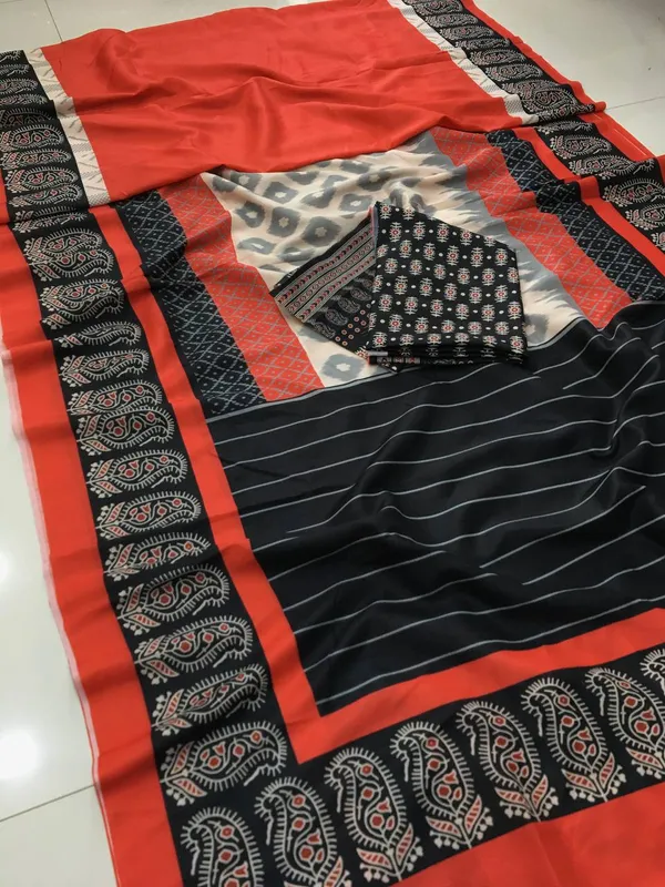 Fabulous_Red_And_White_Ajrakh_Linen_Saree_With_Blouse_Piece