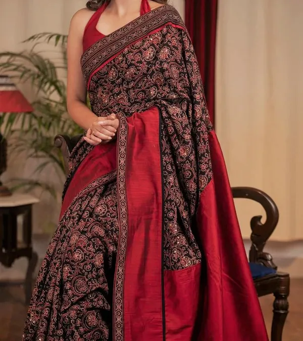 Red_Ajrakh_Saree_With_Blouse_Piece