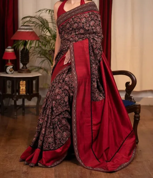 Red_Ajrakh_Saree_With_Blouse_Piece
