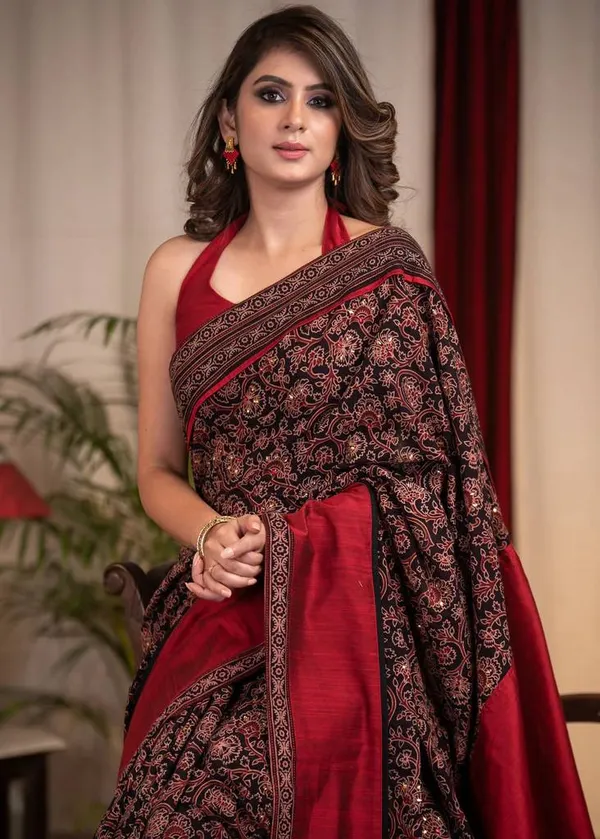 Red_Ajrakh_Saree_With_Blouse_Piece
