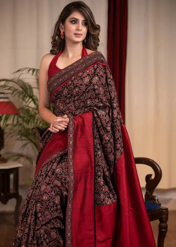 Red_Ajrakh_Saree_With_Blouse_Piece