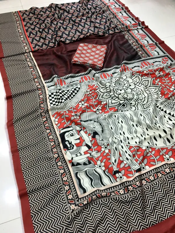 Maroon_Attractive_Kalamkari_Linen_Saree_With_Blouse_Piece