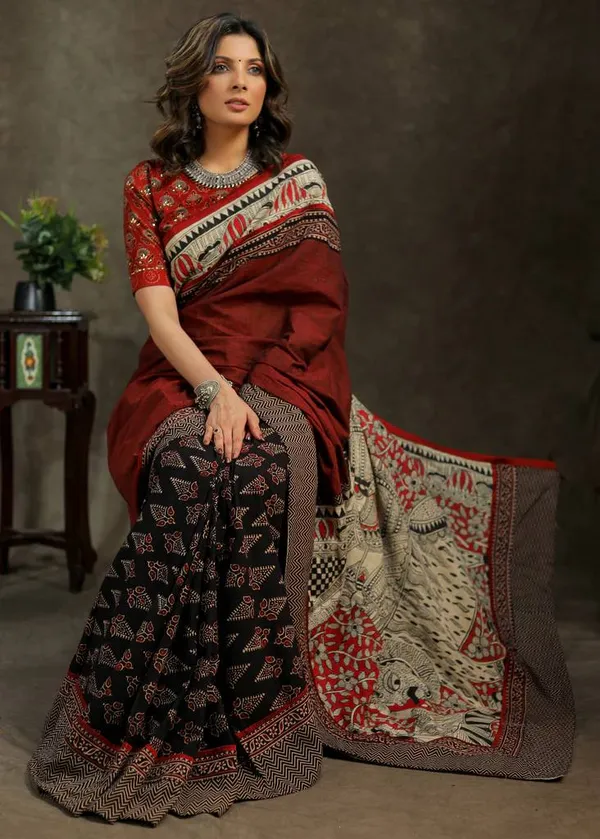 Maroon_Attractive_Kalamkari_Linen_Saree_With_Blouse_Piece