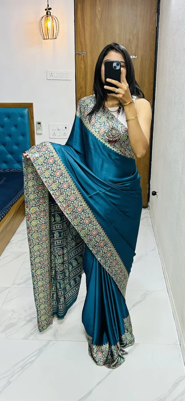 New_Attractiev_Semi_Gajji__Ajarkh_Rust__Pallu_Silk___Saree_With_Blouse