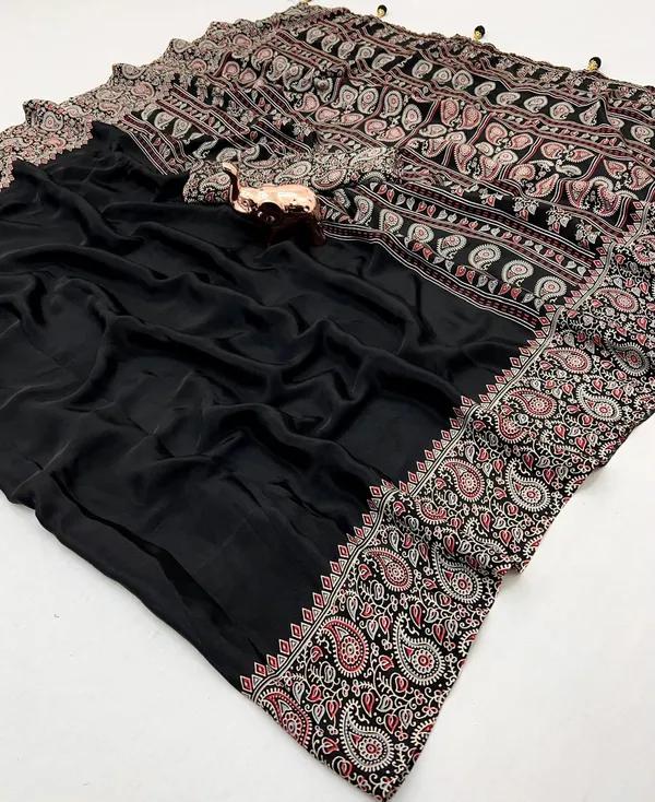 New_Attractive_Semi_Gajji_Ajrakh_Rust_Pallu_Silk_Saree_With_Blouse