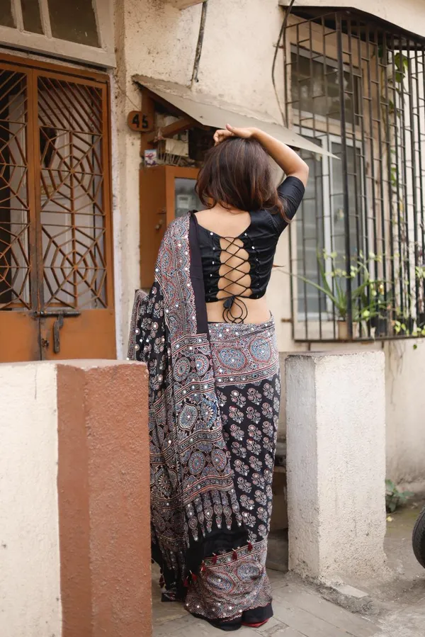 New_Ajrakh_Butta_Lotus_Modal_Silk_Saree_with_Intricate_Mirror_Work