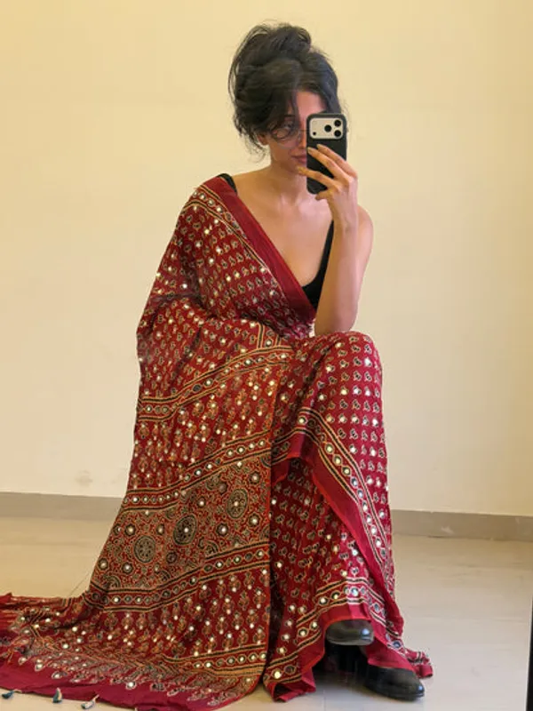 NEW_RED_LOTUS_MIRROR_WORK__AJRKH__SAREE_