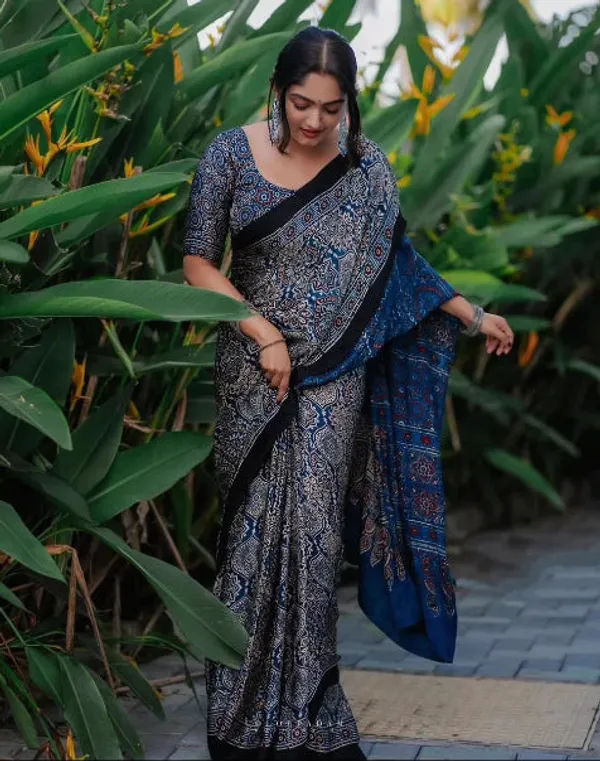 Navy_Blue_Printed_Ajrakh_Saree_With_Blouse_Piece_For_Women