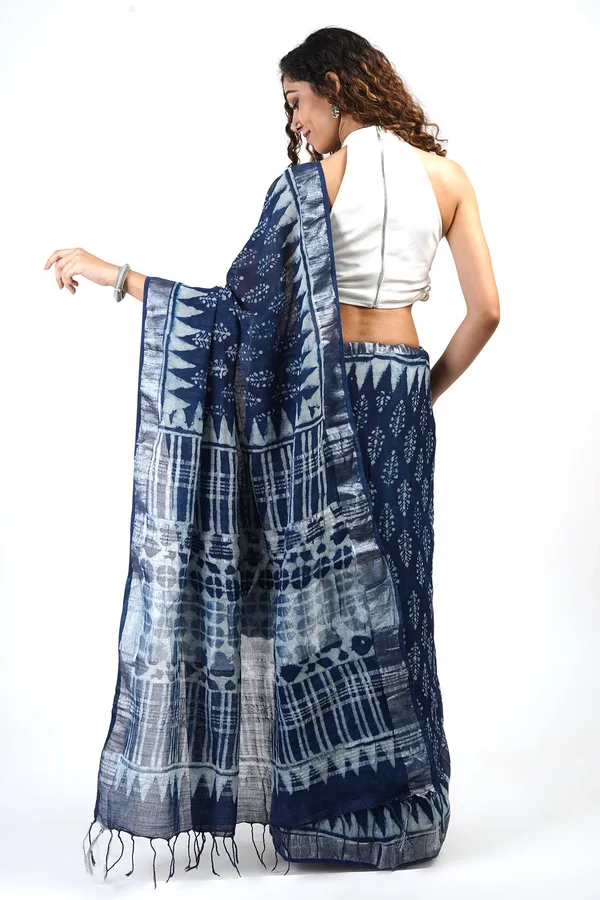 Indigo_Block_Digital_Print_Linen_Saree_With_Blouse_Piece