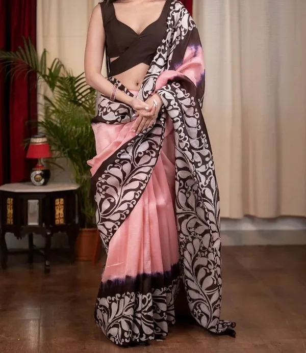 Peach_Color_Kalamkari_Linen_Saree_With_Blouse_Piece