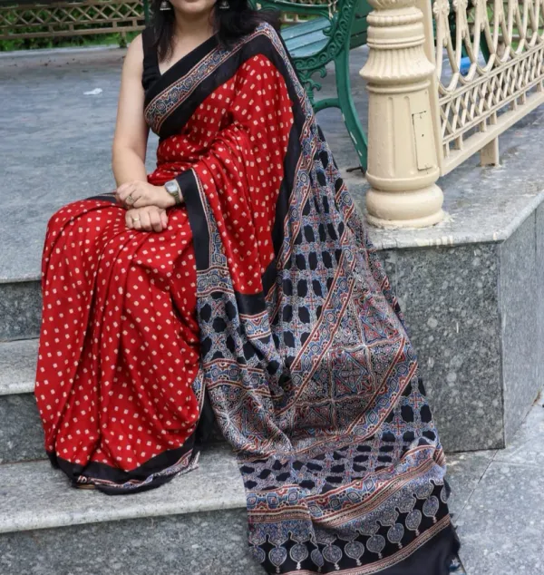 Red_Bandhani_Print_Ajrakh_Saree_With_Blouse_Piece_For_Women