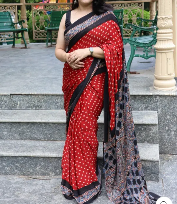 Red_Bandhani_Print_Ajrakh_Saree_With_Blouse_Piece_For_Women