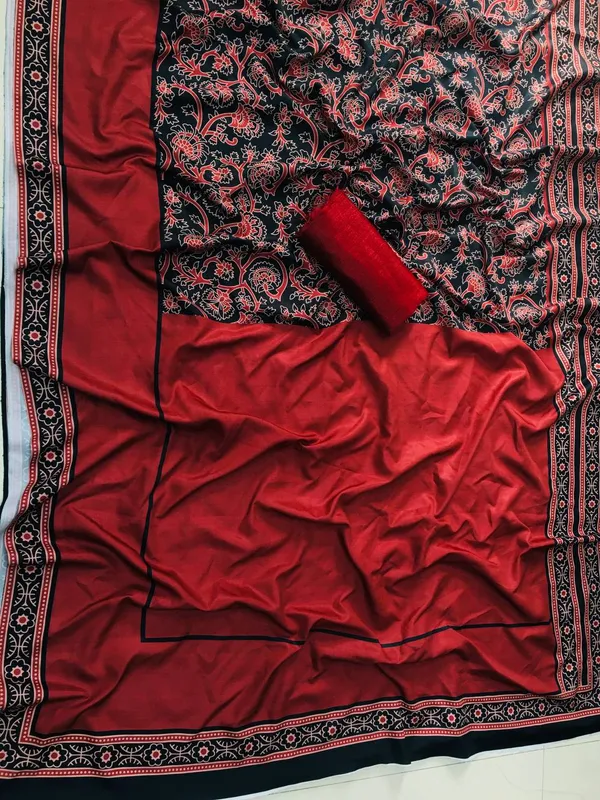 Red_Ajrakh_Saree_With_Blouse_Piece